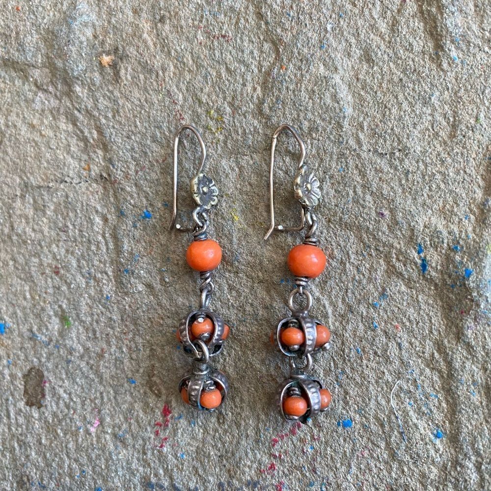 Vintage Dangle Earrings Coral Floral Sterling Silver Beaded NG